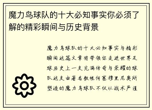魔力鸟球队的十大必知事实你必须了解的精彩瞬间与历史背景