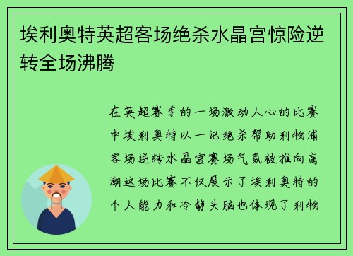埃利奥特英超客场绝杀水晶宫惊险逆转全场沸腾